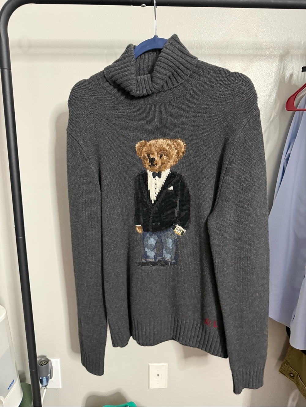Polo by Ralph Lauren Charcoal Gray Turtleneck Sweater with Bear Motif
